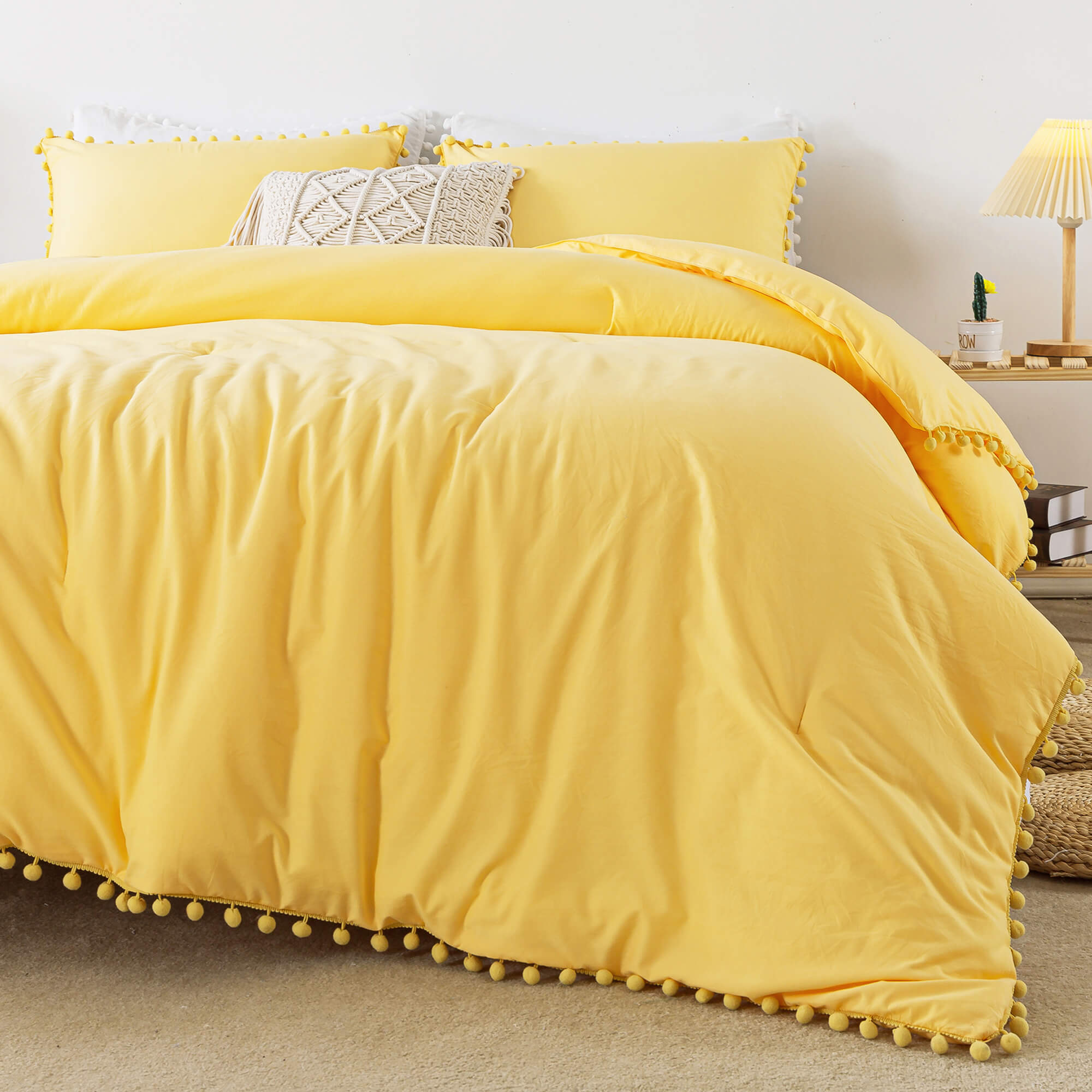 Yellow Pom Pom Fringe Comforter Set - TanNicoor