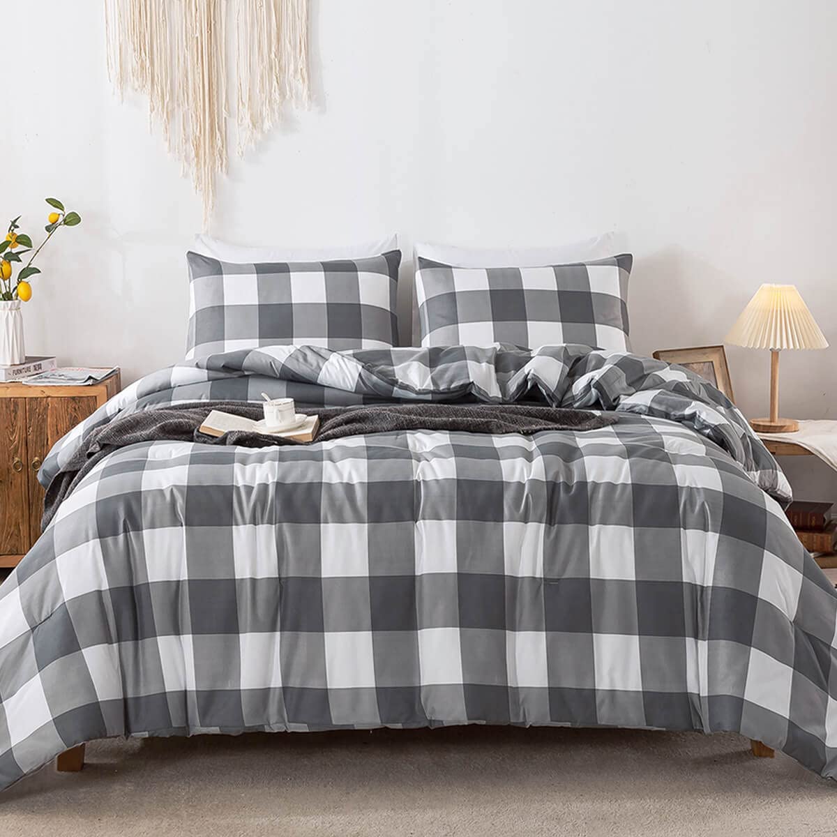 Gray Plaid Comforter Set - TanNicoor