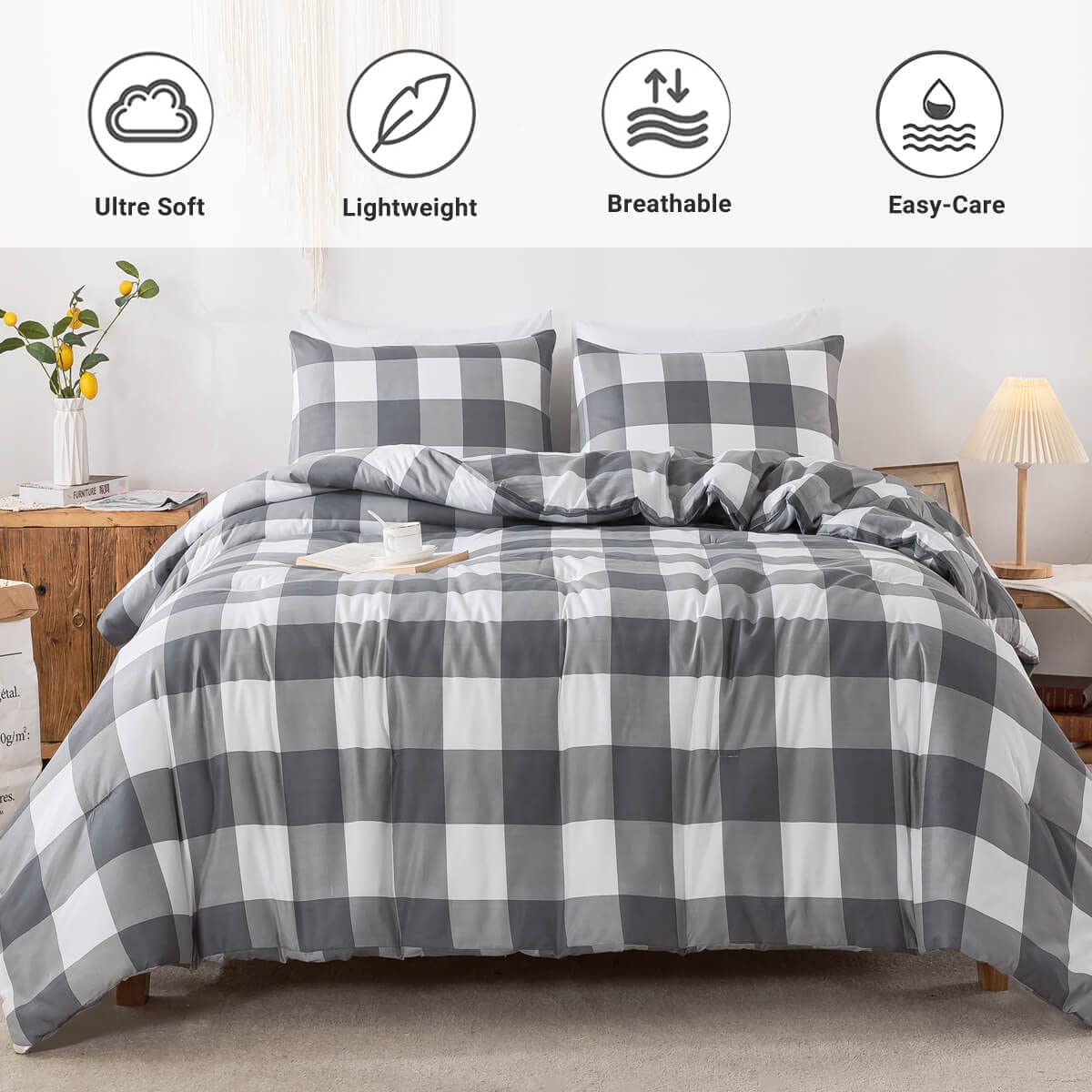 Gray Plaid Comforter Set - TanNicoor