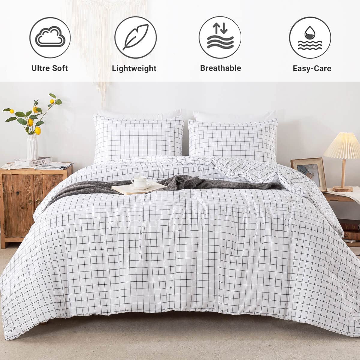 White Grid Comforter Set - TanNicoor