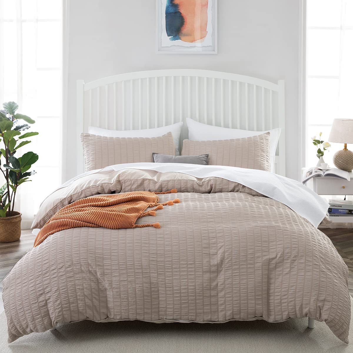 Beige Seersucker Duvet Cover Set - TanNicoor