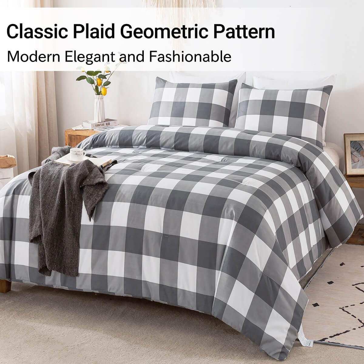 Gray Plaid Comforter Set - TanNicoor