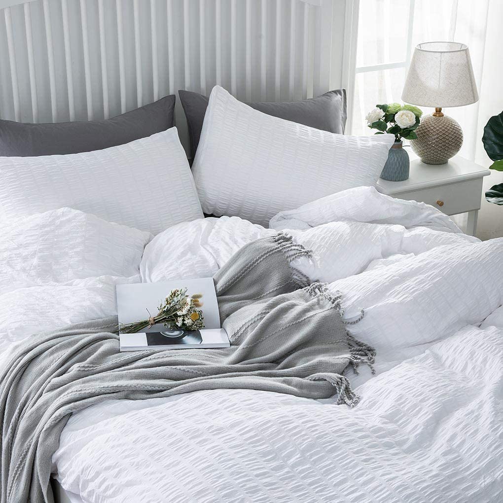 White Seersucker Duvet Cover Set - TanNicoor