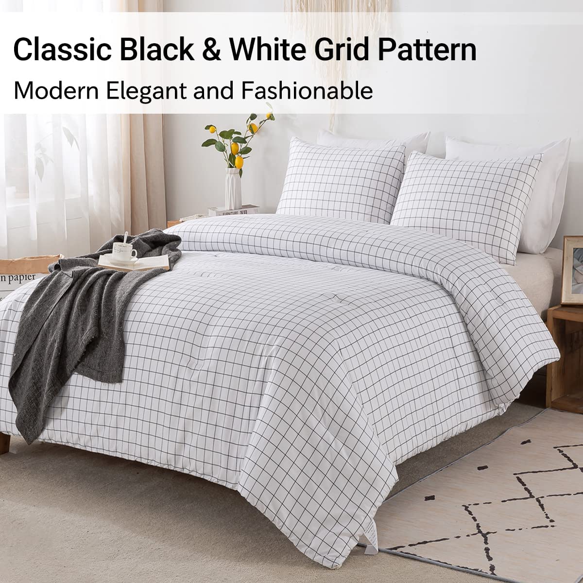 White Grid Comforter Set - TanNicoor