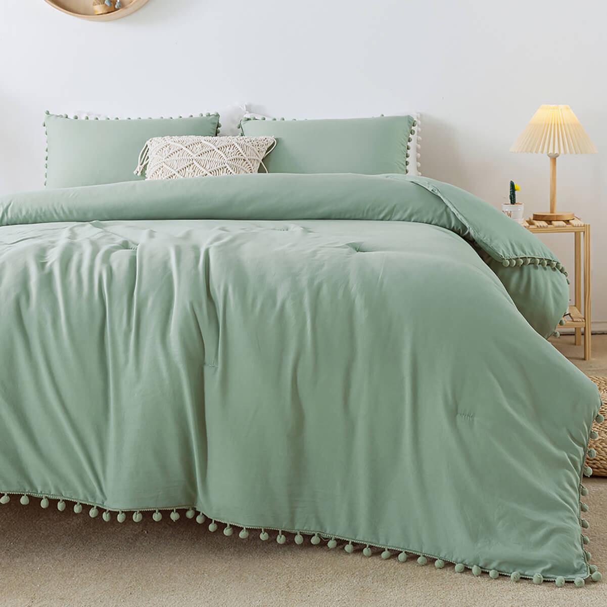 Sage Green Pom Fringe Comforter Set - TanNicoor