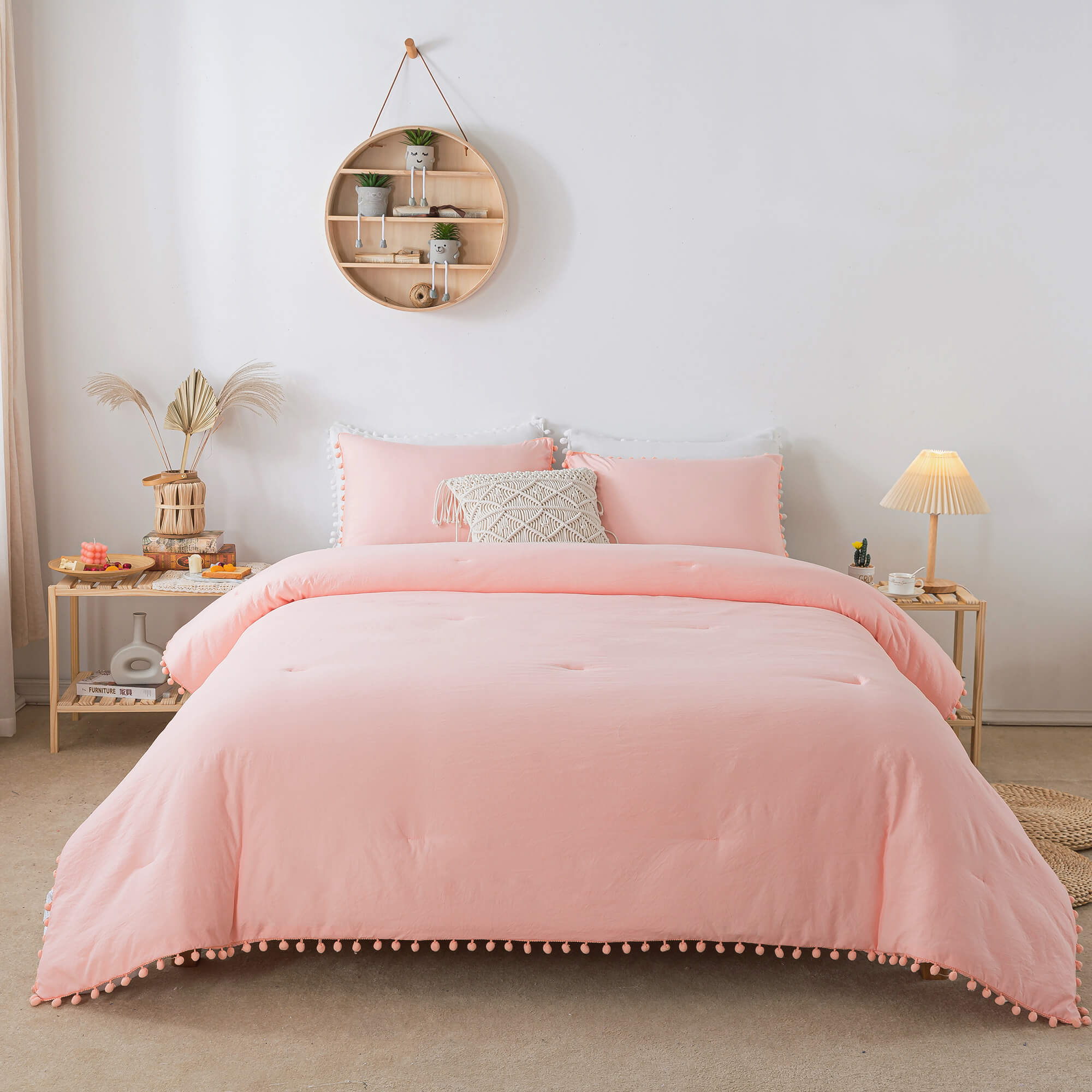 Pink Pom Fringe Comforter Set - TanNicoor