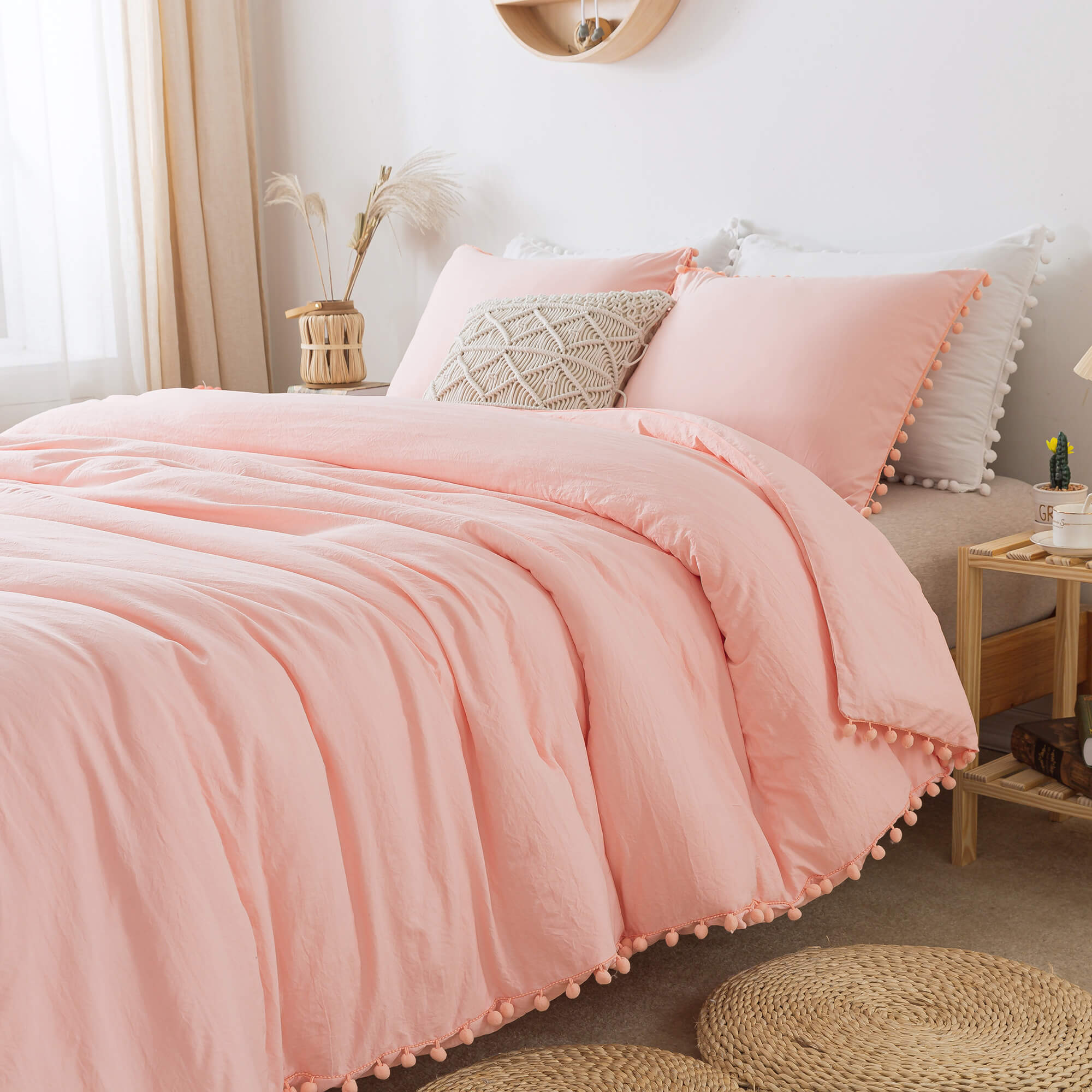 Pink Pom Fringe Comforter Set - TanNicoor