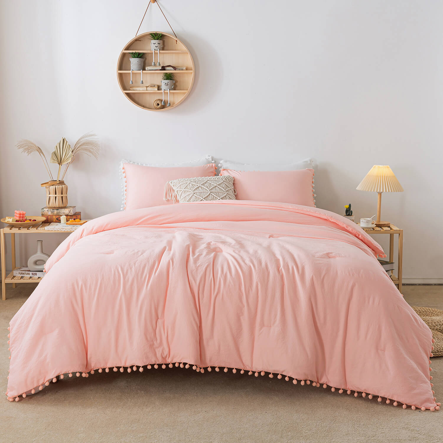 Pink Pom Fringe Comforter Set - TanNicoor