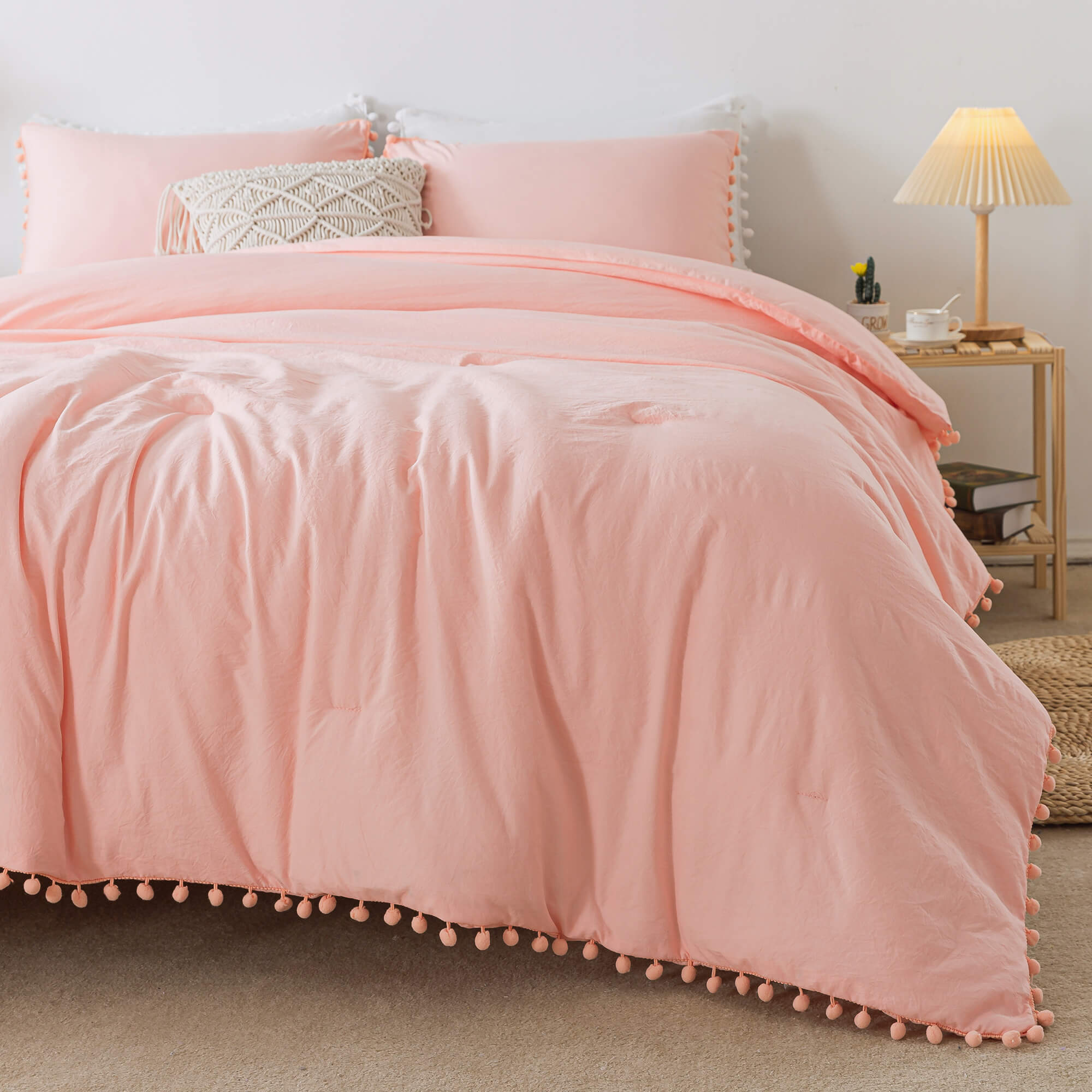 Pink Pom Fringe Comforter Set - TanNicoor