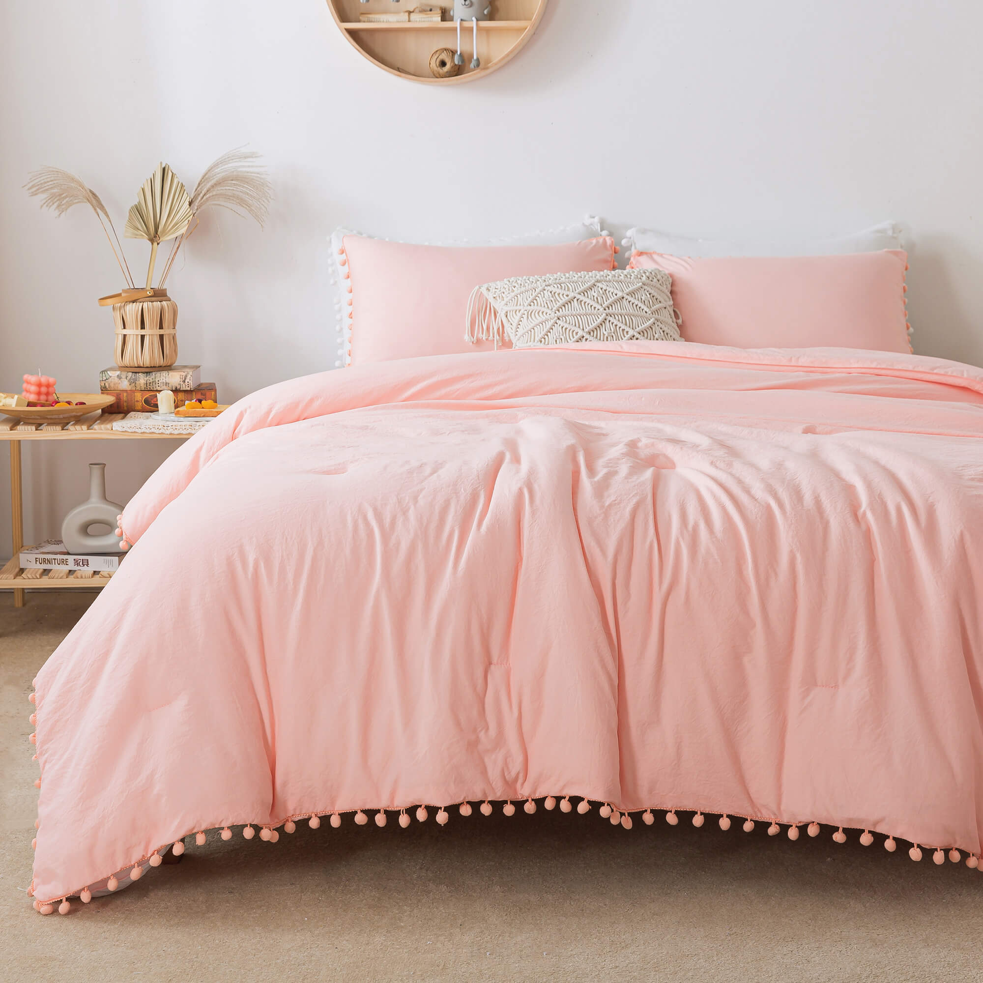 Pink Pom Fringe Comforter Set - TanNicoor