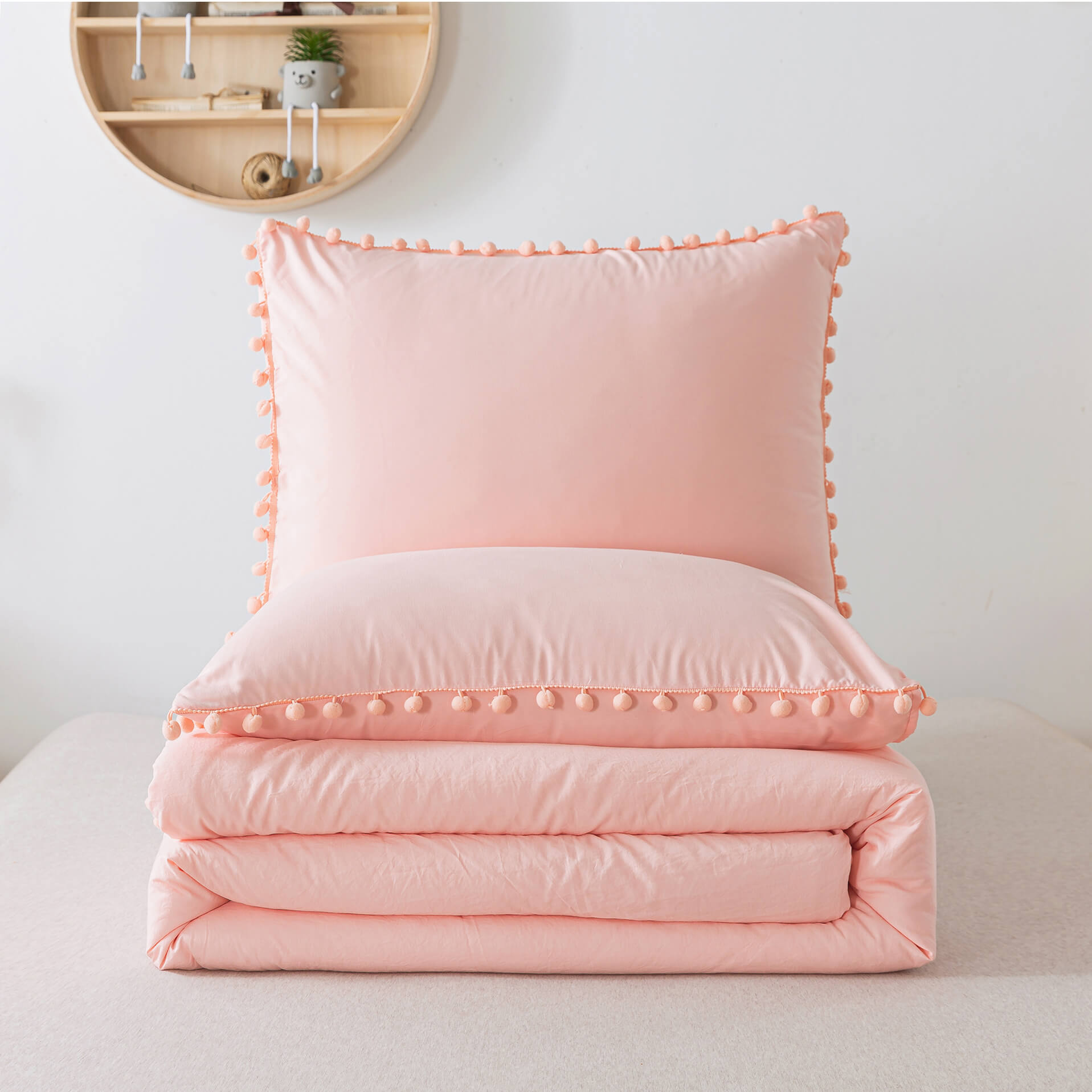 Pink Pom Fringe Comforter Set - TanNicoor