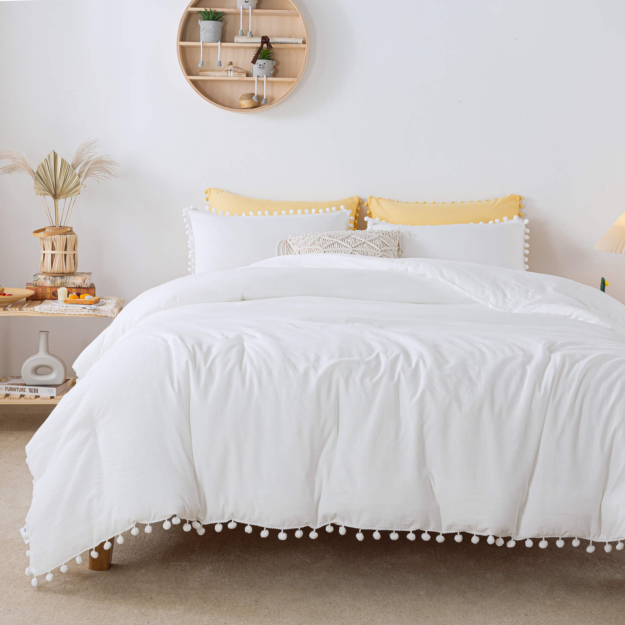 White Pom Fringe Comforter Set - TanNicoor