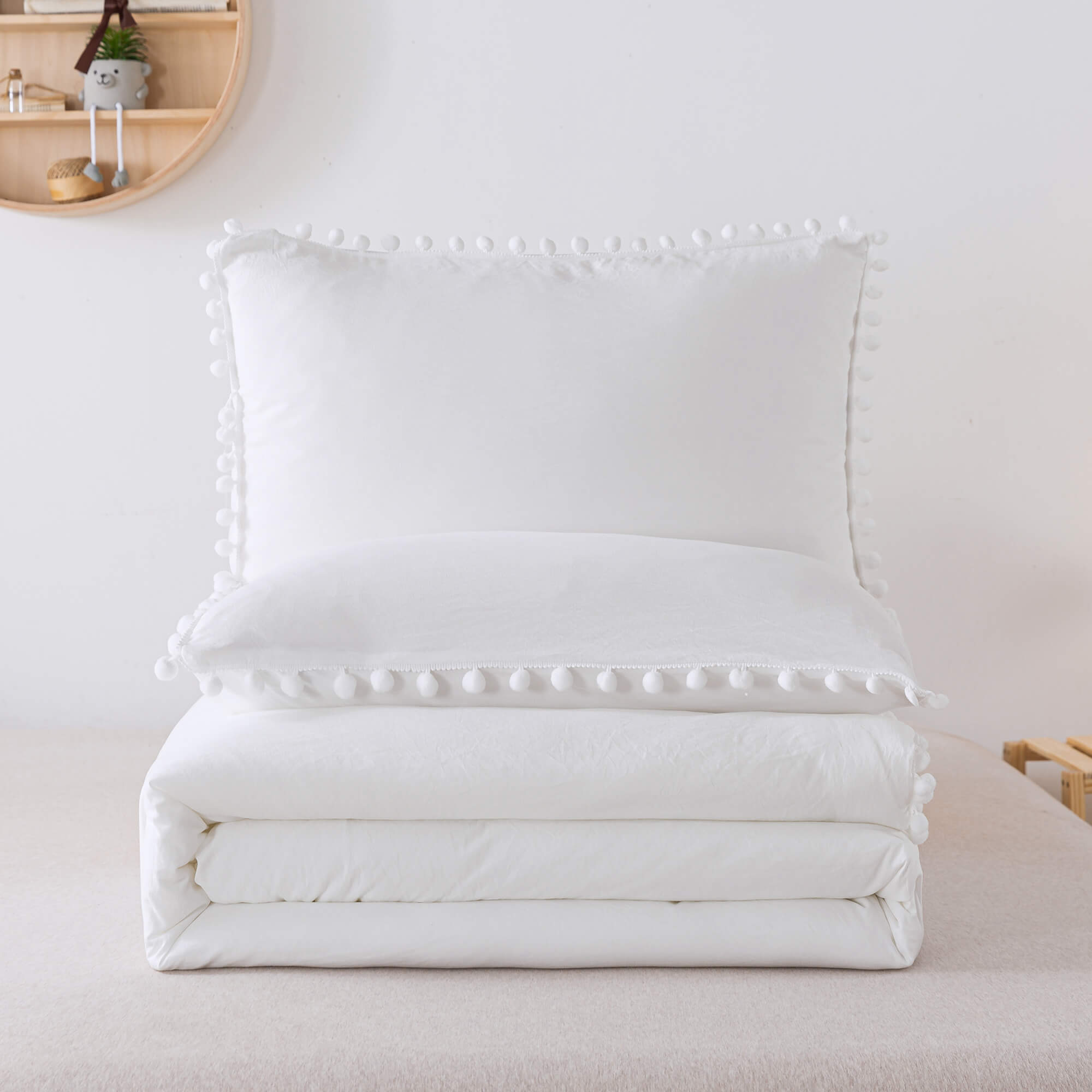 White Pom Fringe Comforter Set - TanNicoor