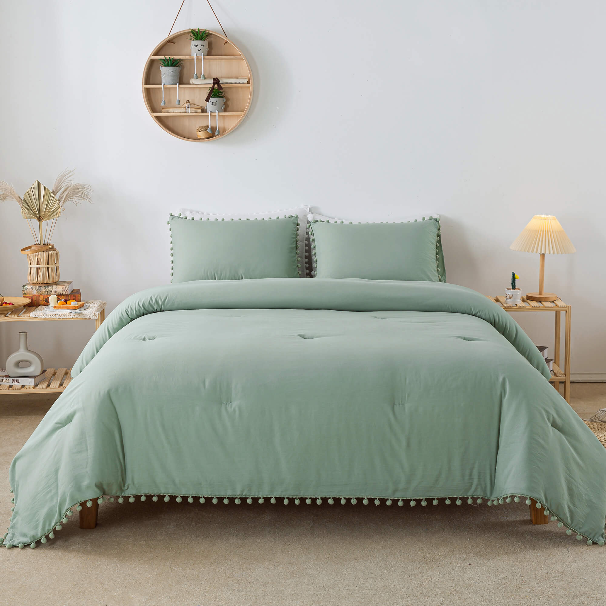 Sage Green Pom Fringe Comforter Set - TanNicoor