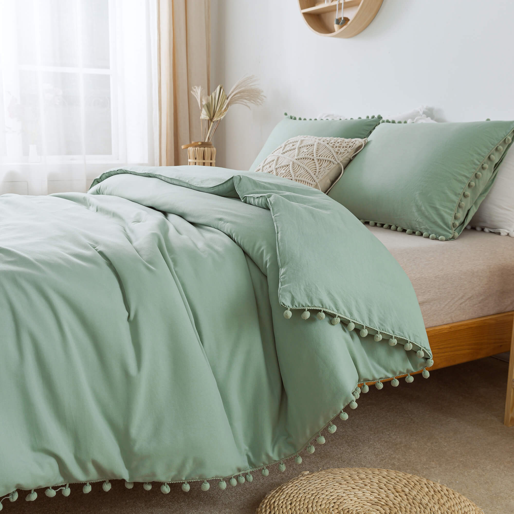 Sage Green Pom Fringe Comforter Set - TanNicoor