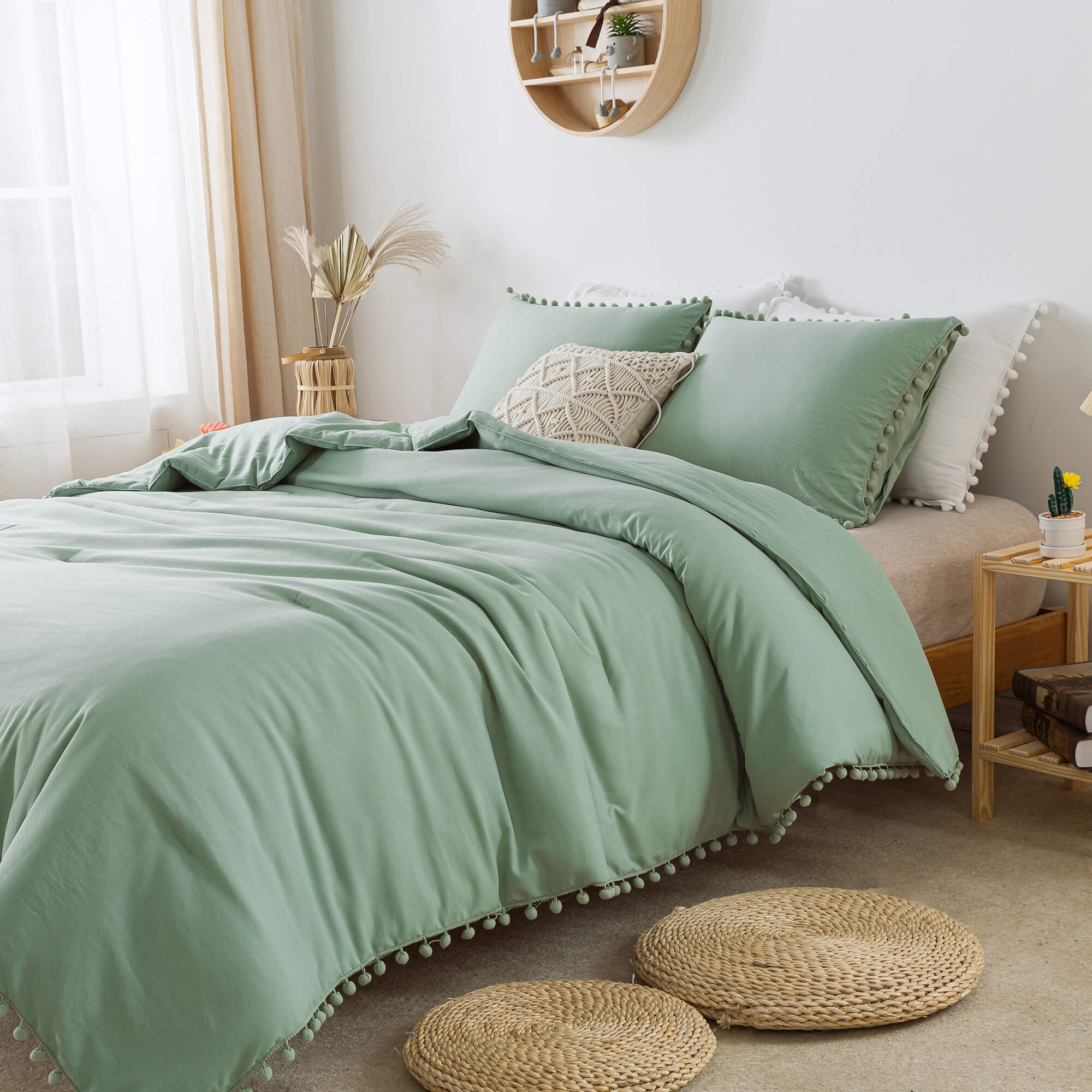 Sage Green Pom Fringe Comforter Set - TanNicoor