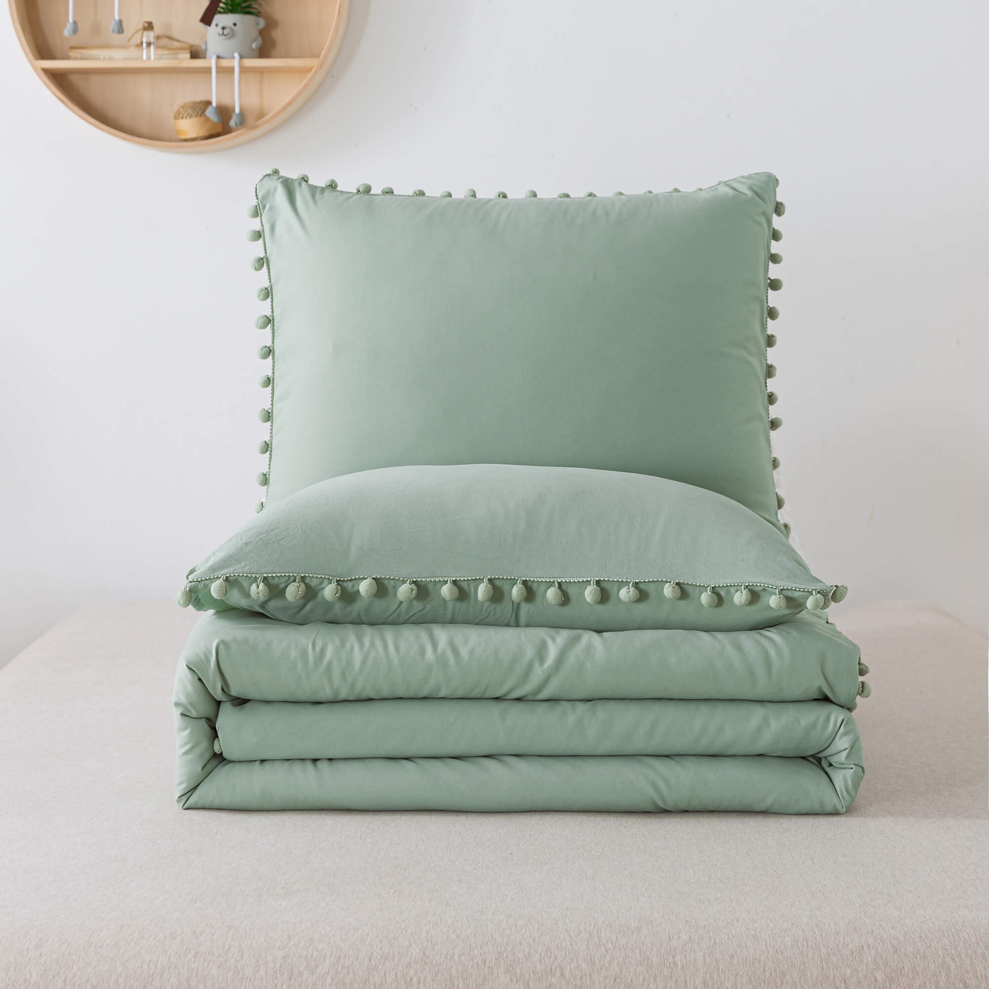 Sage Green Pom Fringe Comforter Set - TanNicoor