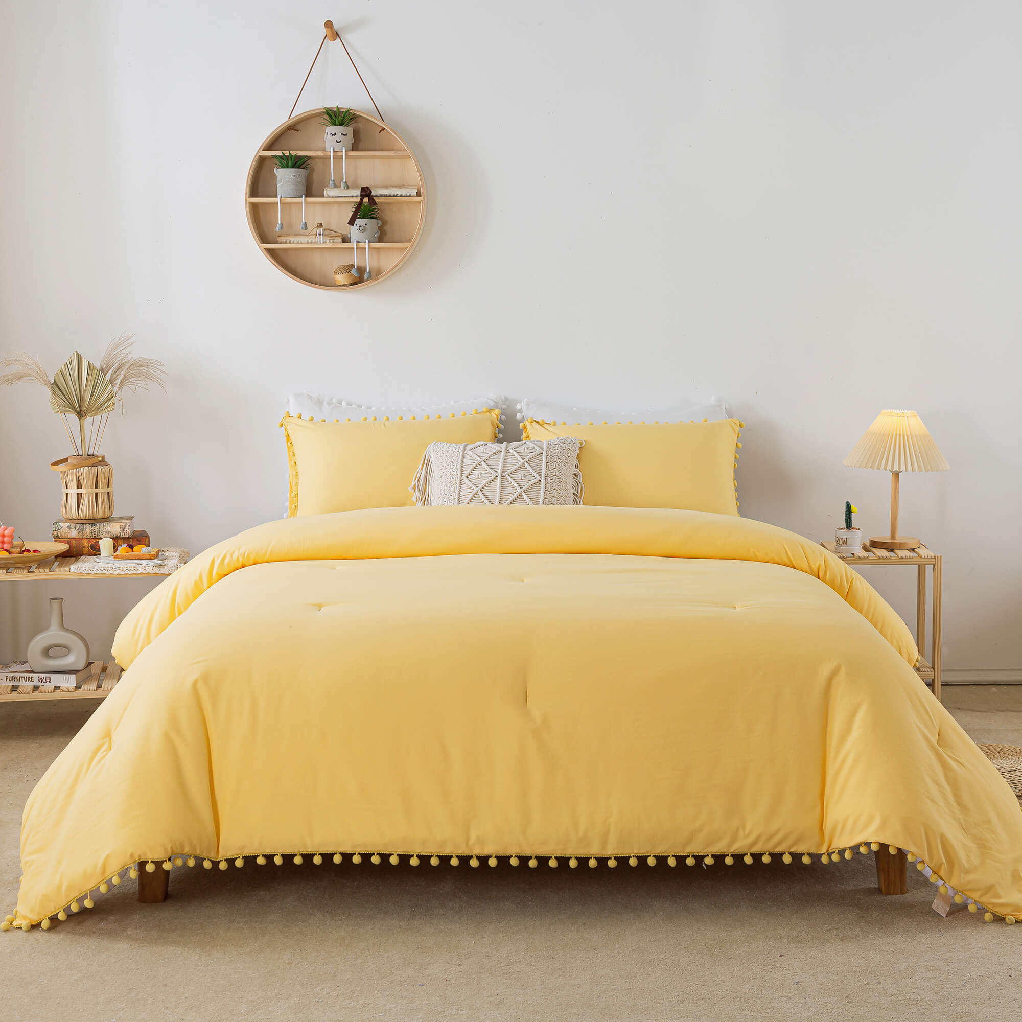 Yellow Pom Fringe Comforter Set - TanNicoor