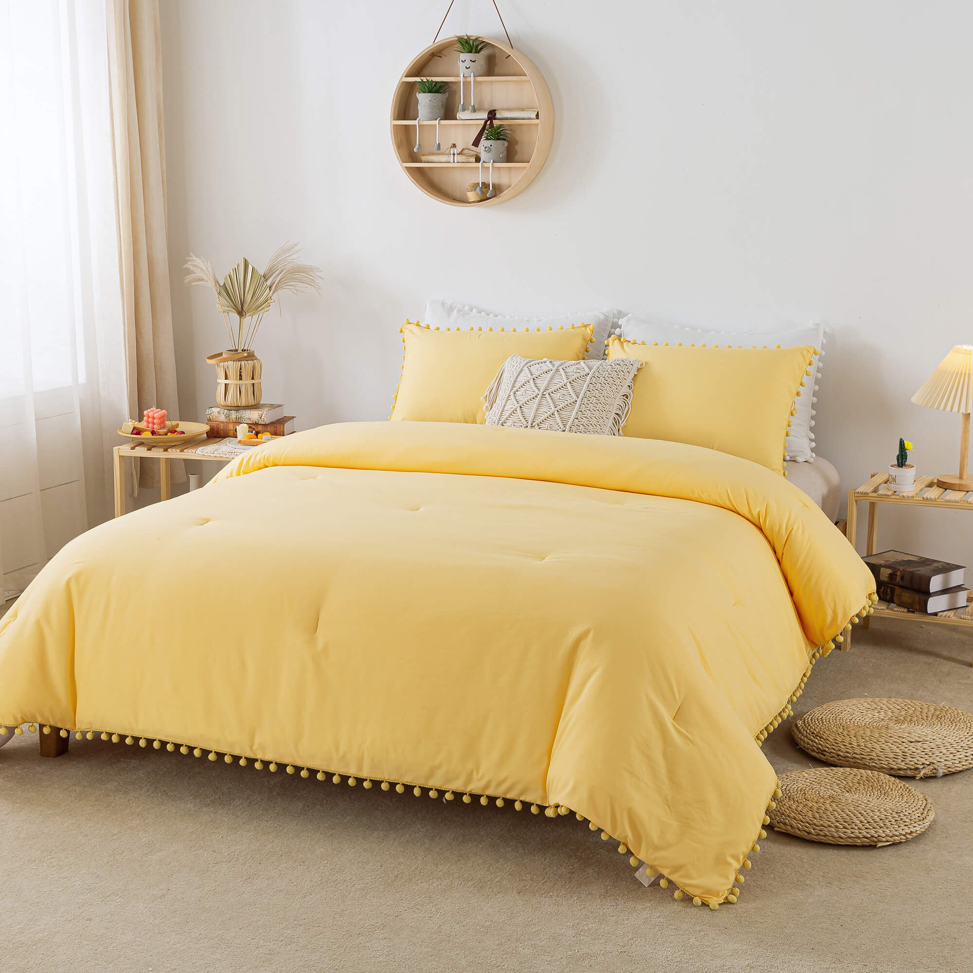 Yellow Pom Fringe Comforter Set - TanNicoor