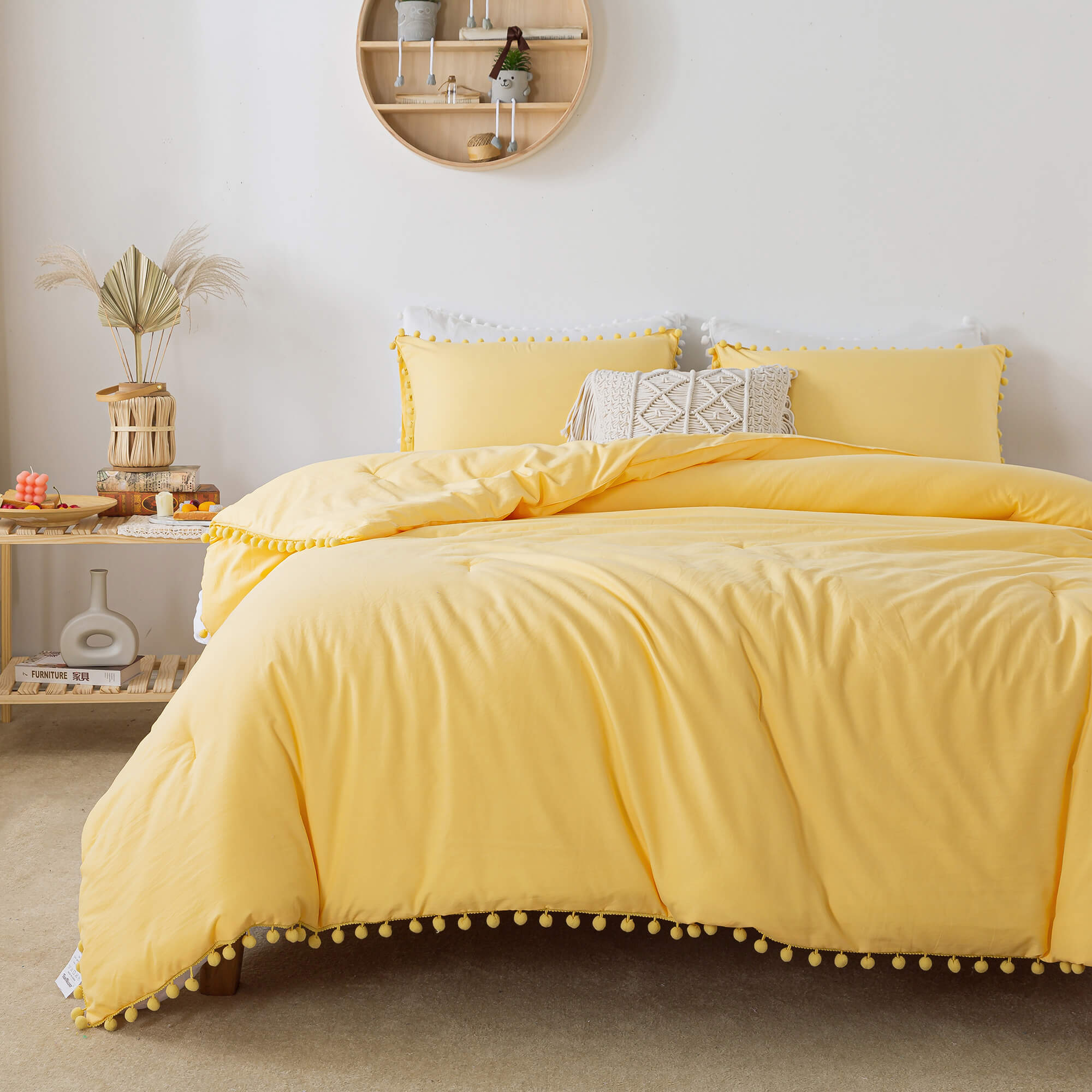 Yellow Pom Fringe Comforter Set - TanNicoor