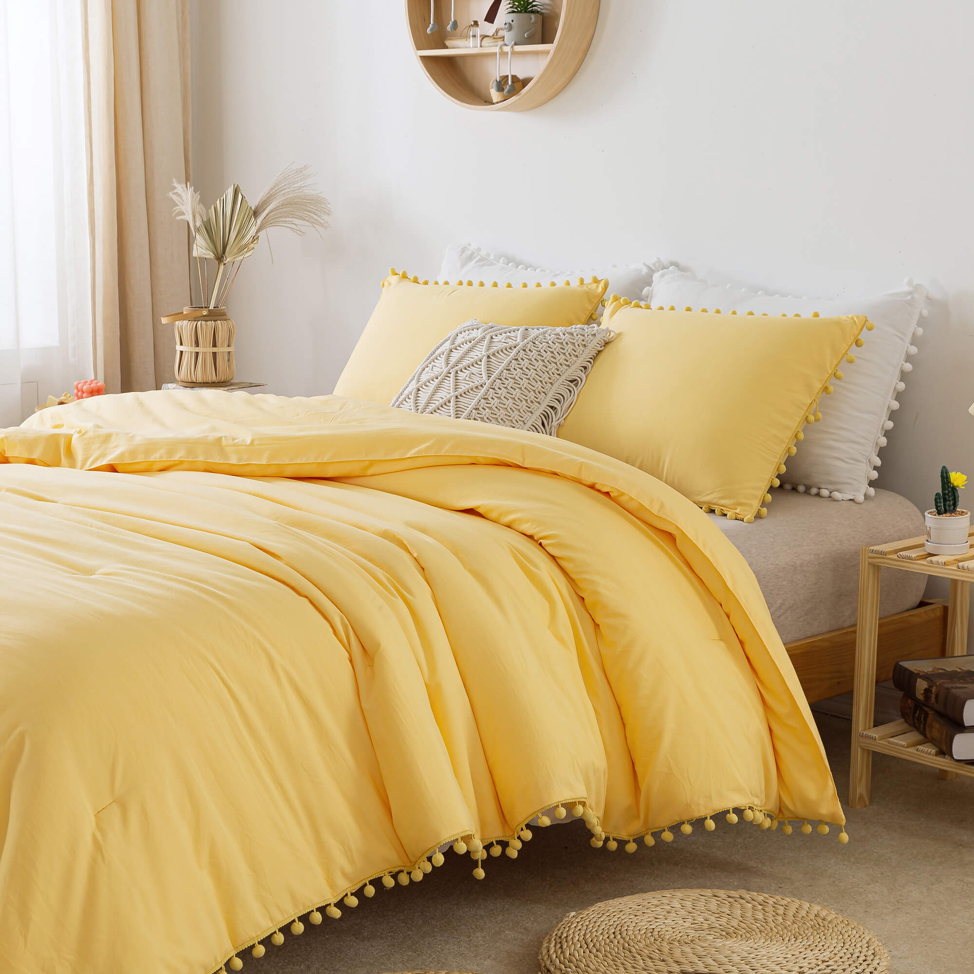 Yellow Pom Fringe Comforter Set - TanNicoor