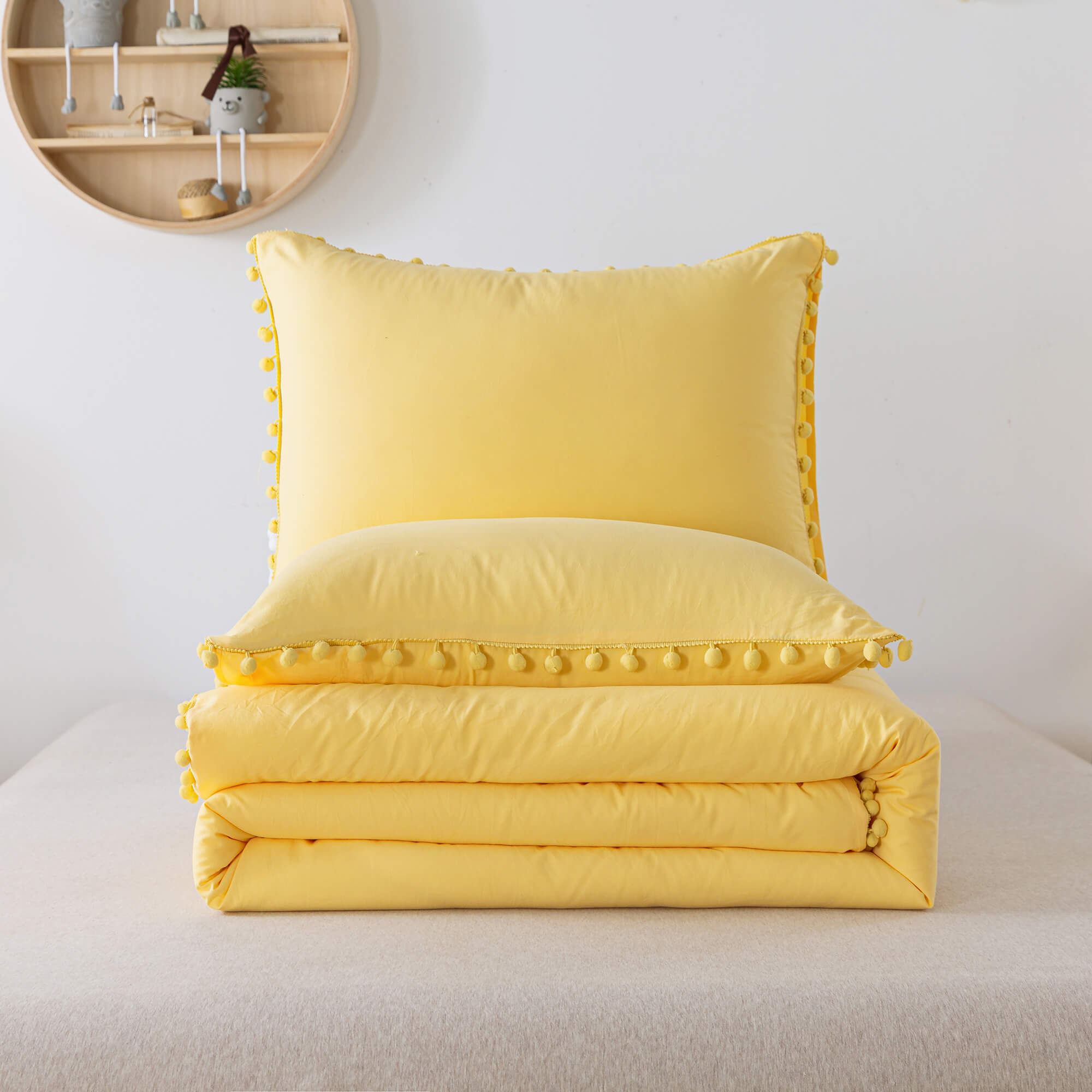 Yellow Pom Fringe Comforter Set - TanNicoor