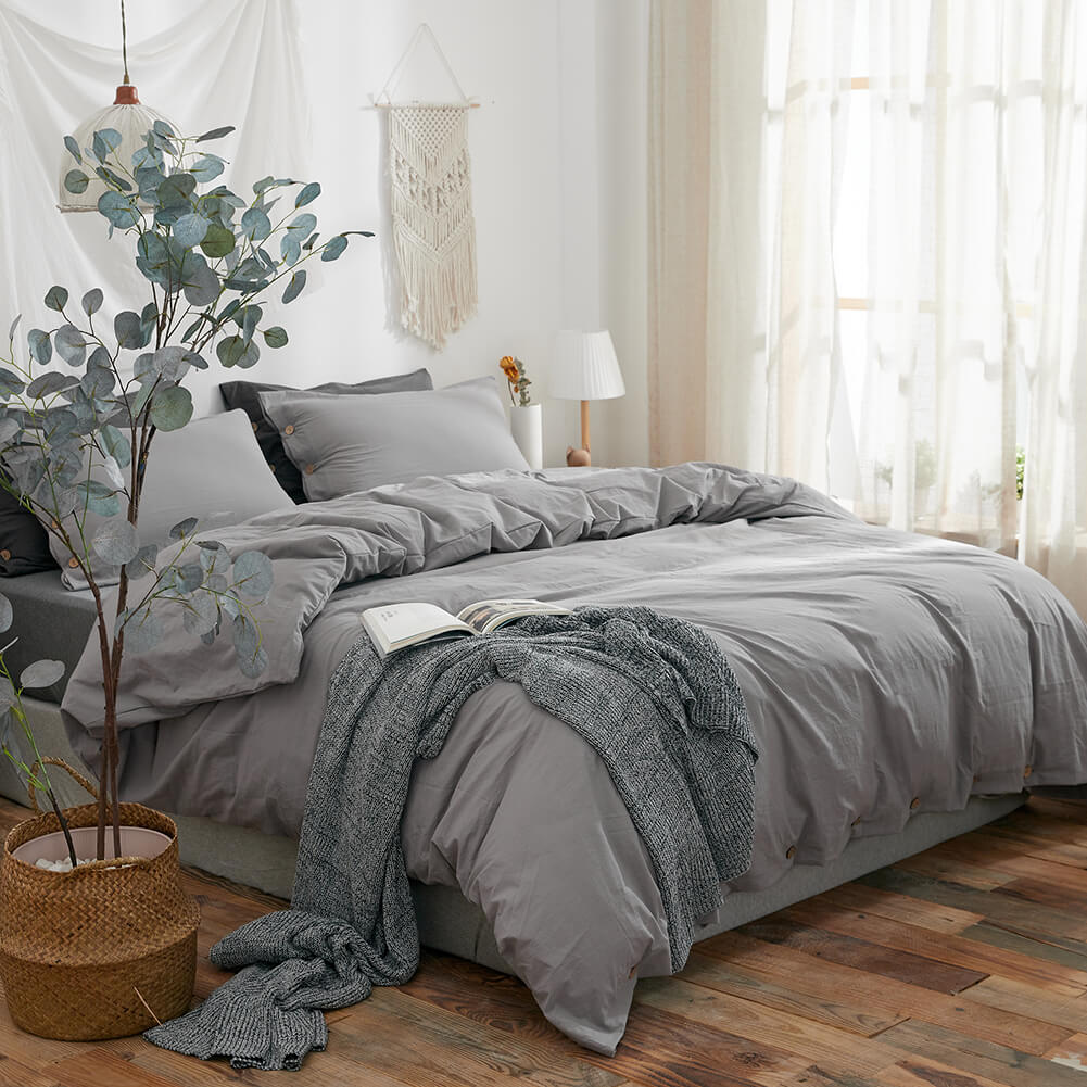 Light Grey Washed Cotton Duvet Cover Set - TanNicoor