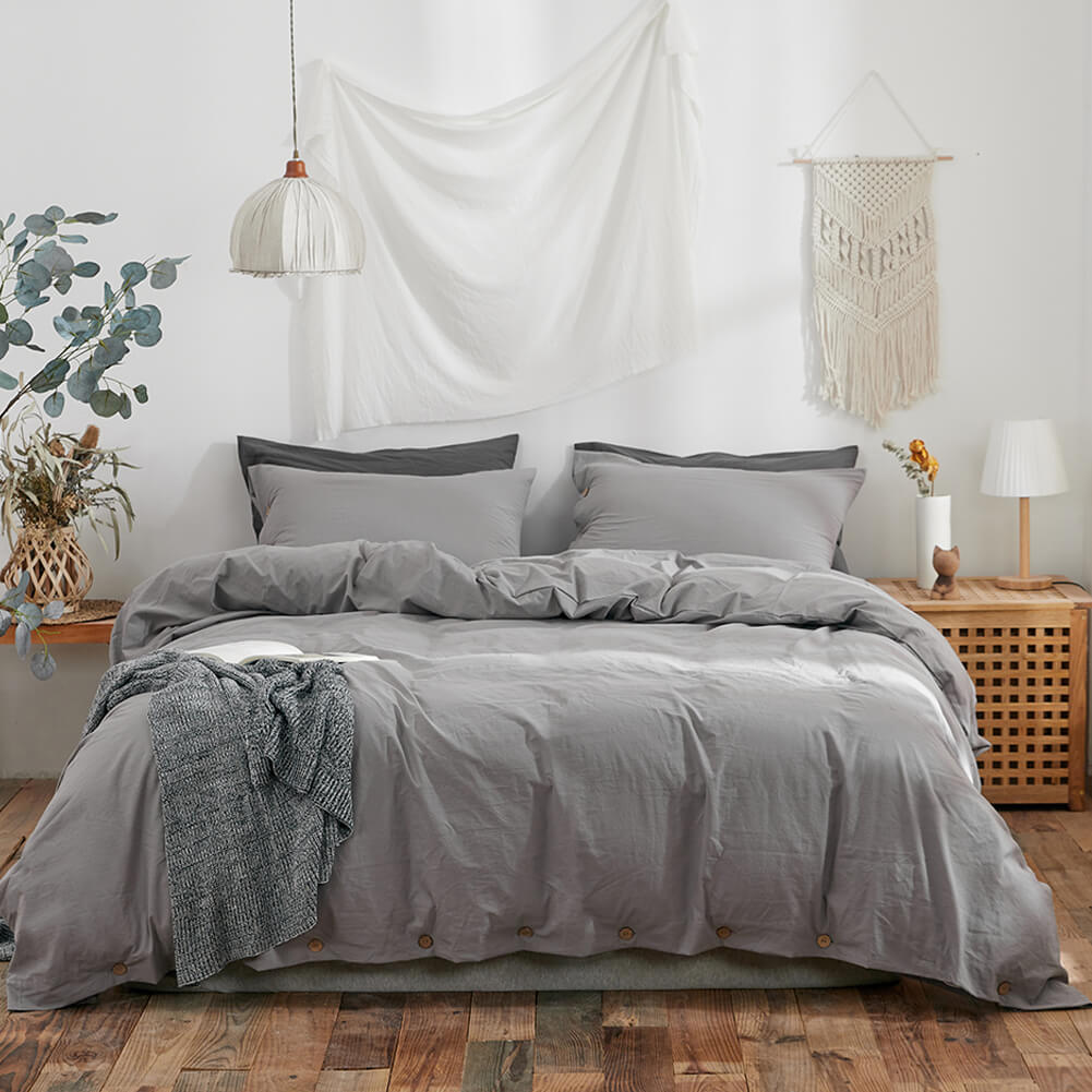 Light Grey Washed Cotton Duvet Cover Set - TanNicoor